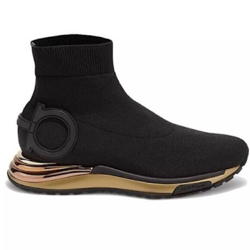 SALVATORE FERRAGAMO BLACK GANCINI KNIT HIGH TOP SOCK SNEAKERS 6.5